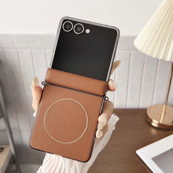 Magnetic Case for Samsung Galaxy Z Flip 7 Case [Compatible with Mag-Safe] Plain Business Vintage PU Leather Slim Protective Shockproof Support Wireless Charging for Women Men,Brown