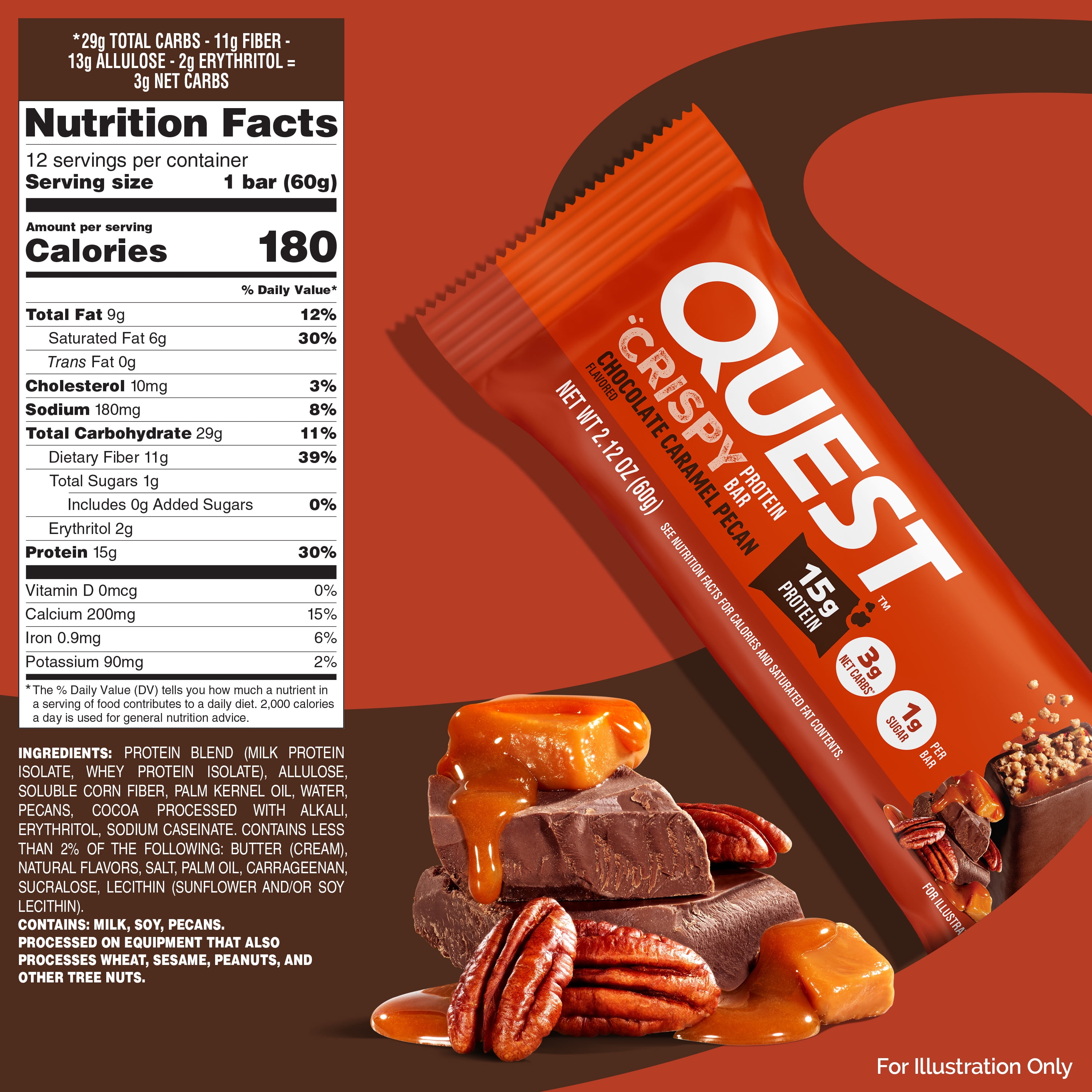 Quest Crispy Hero Protein Bars, Low Carb, Keto Friendly, Chocolate Caramel Pecan, 4 Count