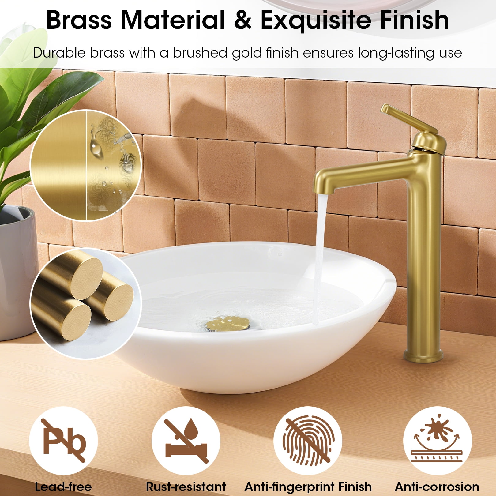 Wowkk Brushed Gold Bathroom Faucets 9.84" High Spout Tall Basin Faucet, Single Handle Bathroom Sink Faucet with Pop Up Drain and Faucet Supply Lines