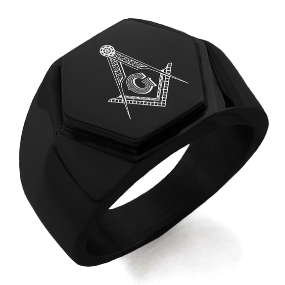 Stainless Steel Freemasons Masonic Floral Compass Engraved Hexagon Crest Flat Top Biker Style Polished Ring