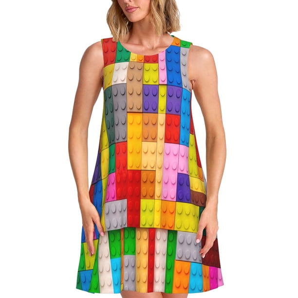 Balery Colorful Plastic Blocks Pattern Vestidos de verano para mujer con estampado: vestido holgado sin mangas, vestido playero informal y cómodo para días calurosos.