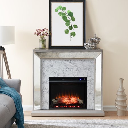 Sei Trandlily Glam style Mirrored Electric Fireplace in Antique silver W/ white faux marble and mirror finish