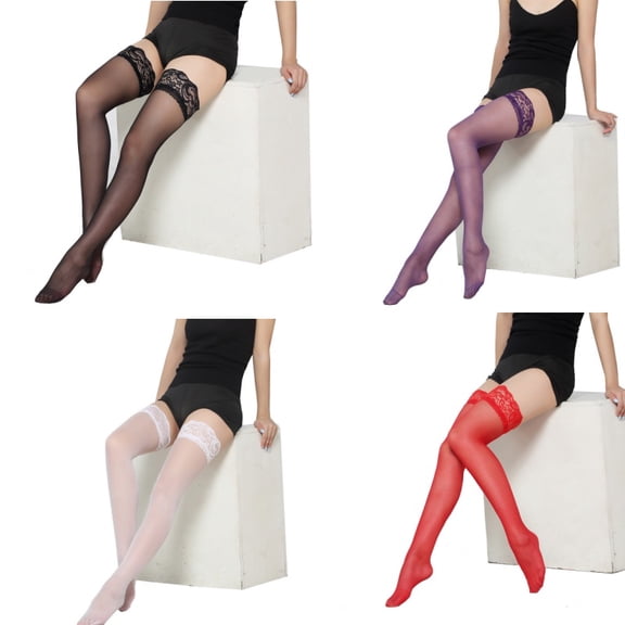 Vruelia 4Pairs Women's Sheer Thick Thigh Highs Lace Stockings Top Stockings Tights Nylon Pantyhose,One Size