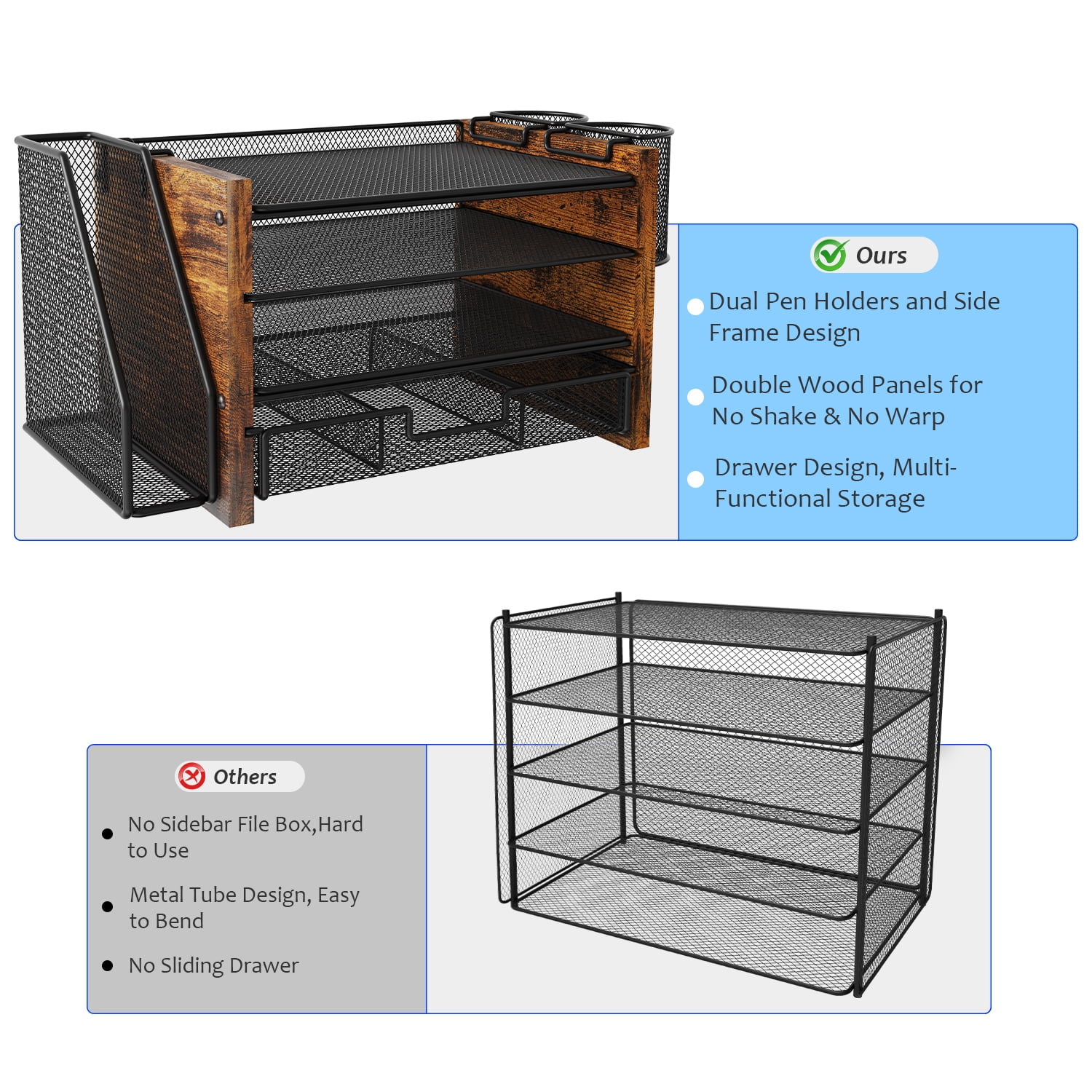MEHOOM 4-Tier Wooded Desk Organizer Sets, Desktop File Organizer with Drawer and Pencil Holders for Office, Dorm Desktop Setup, Classroom Desk Accessories & Workspace Organizers
