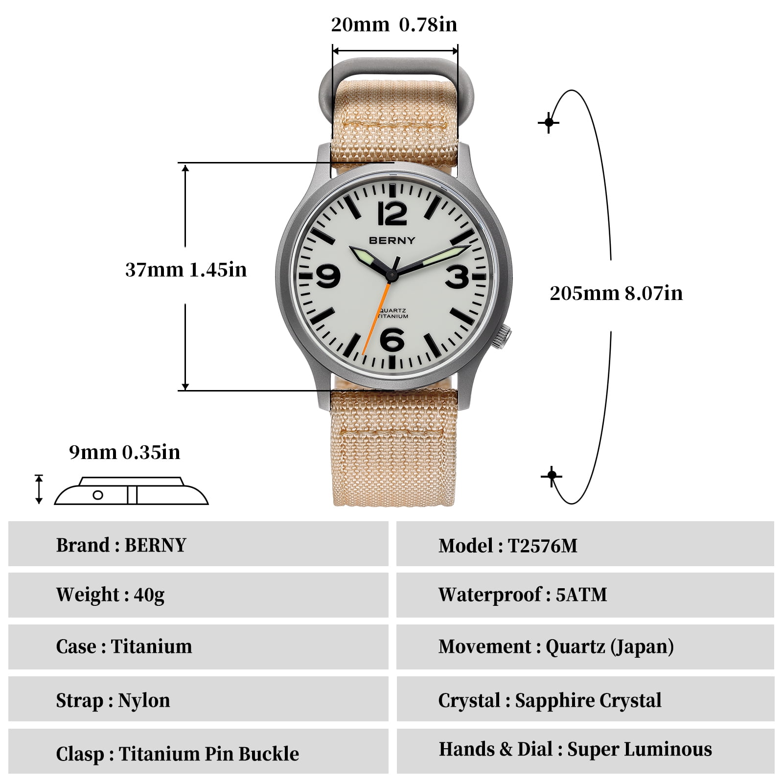 BERNY Watches for Men Military Sport Nylon Strap Titanium Field Watch with Sapphire Crystal Luminous Fashion Analog Quartz Watch Easy to Read 50M Waterproof Army Tactical Casual Wristwatch (White)