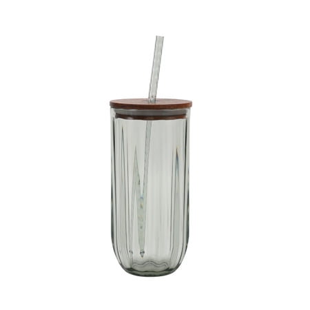 Better Homes & Gardens 21-Ounce Green Tritan Fluted Sipper Tumbler with Acacia Wood Lid and Straw