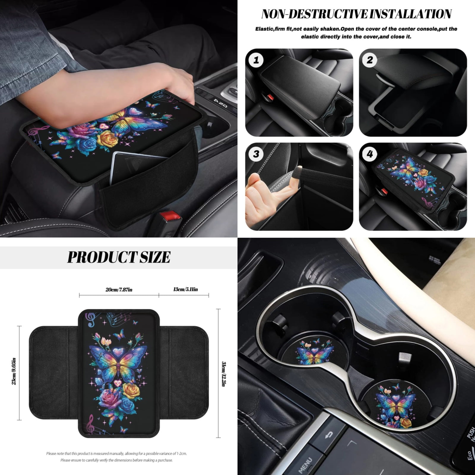 Renewold Butterfly Rose Music Notes 12 Pack Front Car Seat Cover Set with Steering Wheel Armrest Rear View Mirror Cover Seatbelt Pads Trash Can Air Vent Holder Coasters Key Chain Fit SUV Vans Sedans