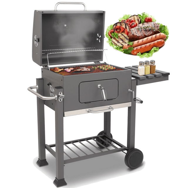 SEGMART BBQ Grill Charcoal with Smoker, 22.8" L x 17" H Outdoor Charcoal Grill with 2 Wheels, Portable BBQ Grill with Side Burner and Griddle, Small Grill Outdoor Cooking for Patio Backyard, Grey, H61