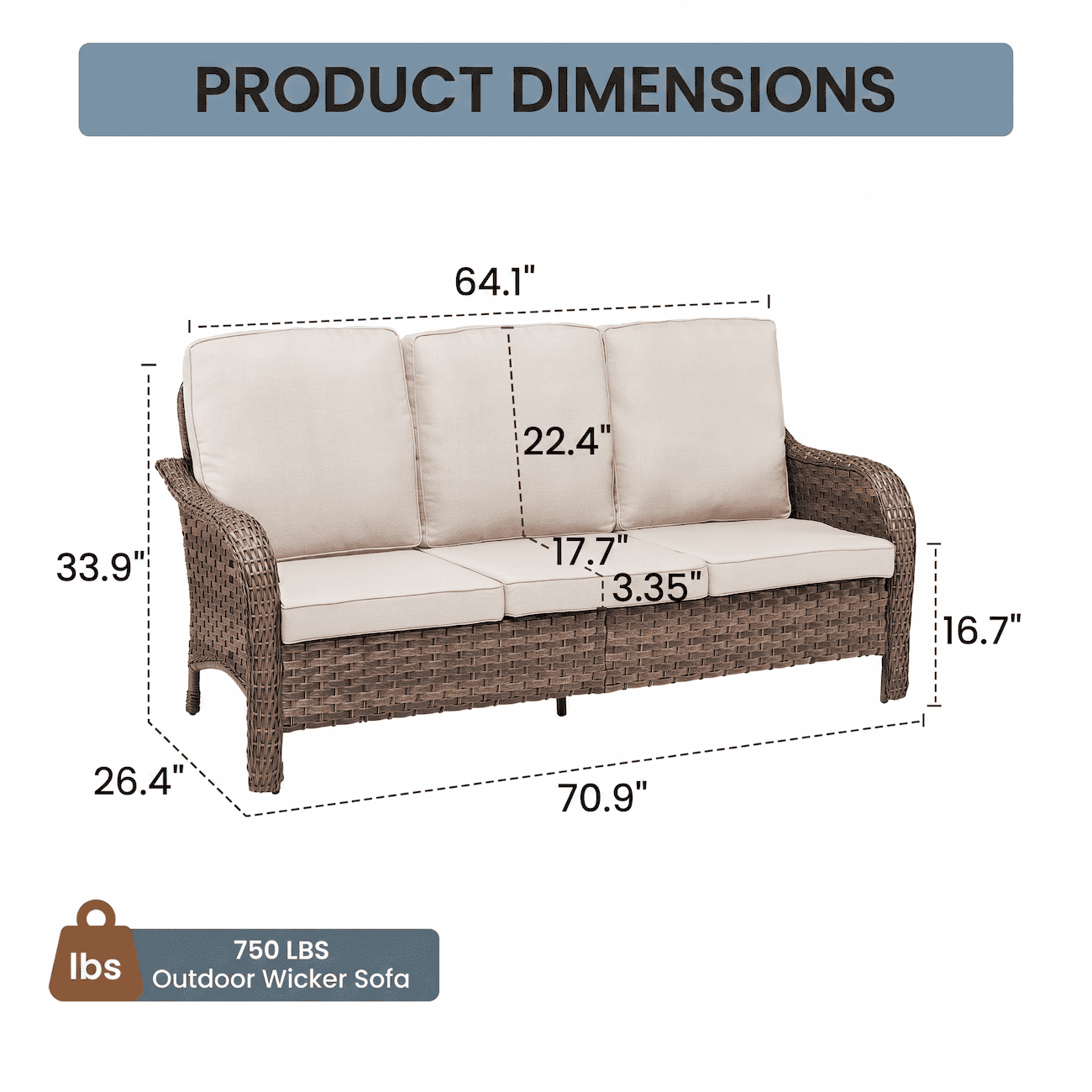 71" Outdoor Patio Sofa, 3 Seat PE Wicker Rattan Couch with Cushions, Deep Seating All Weather Outdoor Furniture, UV Resistant Waterproof Patio Couch for Backyard Garden Porch Deck, Beige