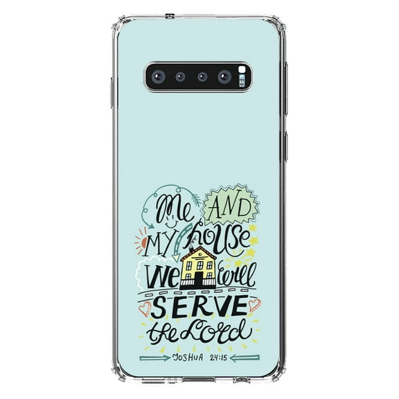 DistinctInk Clear Shockproof Hybrid Case for Samsung Galaxy S10  PLUS(6.4" Screen) - TPU Bumper, Acrylic Back, Tempered Glass Screen Protector - Joshua 24:15 - We Will Serve the Lord
