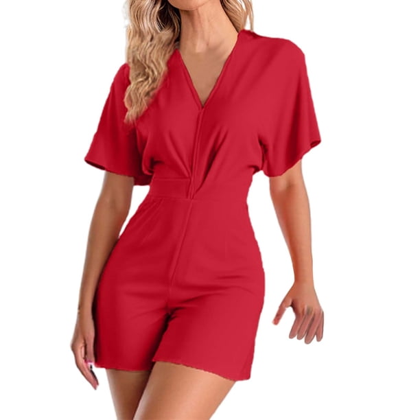 Mono de mujer con cuello en V y manga corta - Mono con pantalones tres cuartos para uso diario y comodidad en todas las estaciones