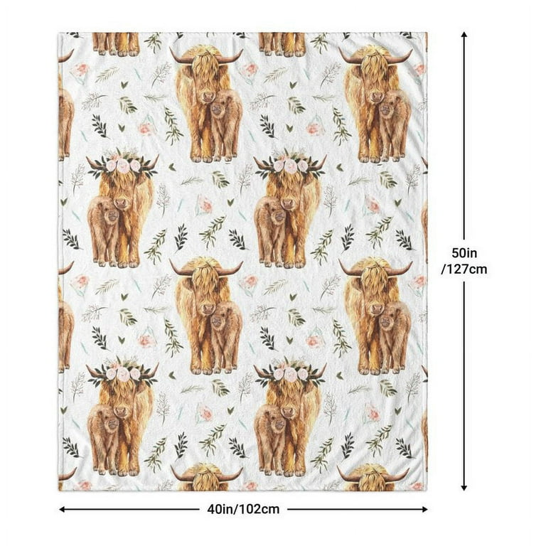 Highland Cow Print Blanket Cute Rustic Farm Animal Cow and Flowers