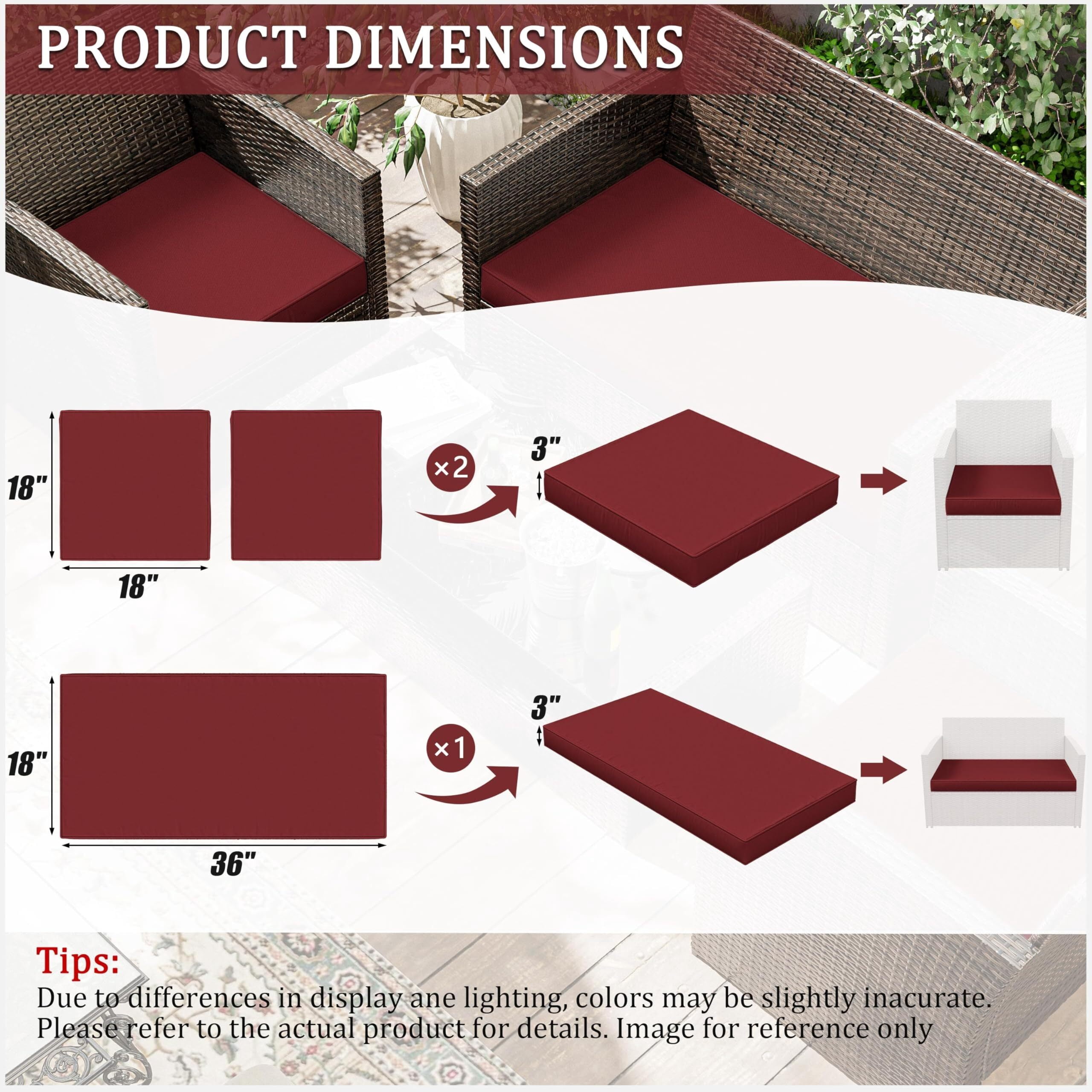 Kimunuk 3 Piece Wicker Chair Cushions, Waterproof Patio Loveseat Chair Cushions Set for Outdoor Indoor Furniture, Burgundy