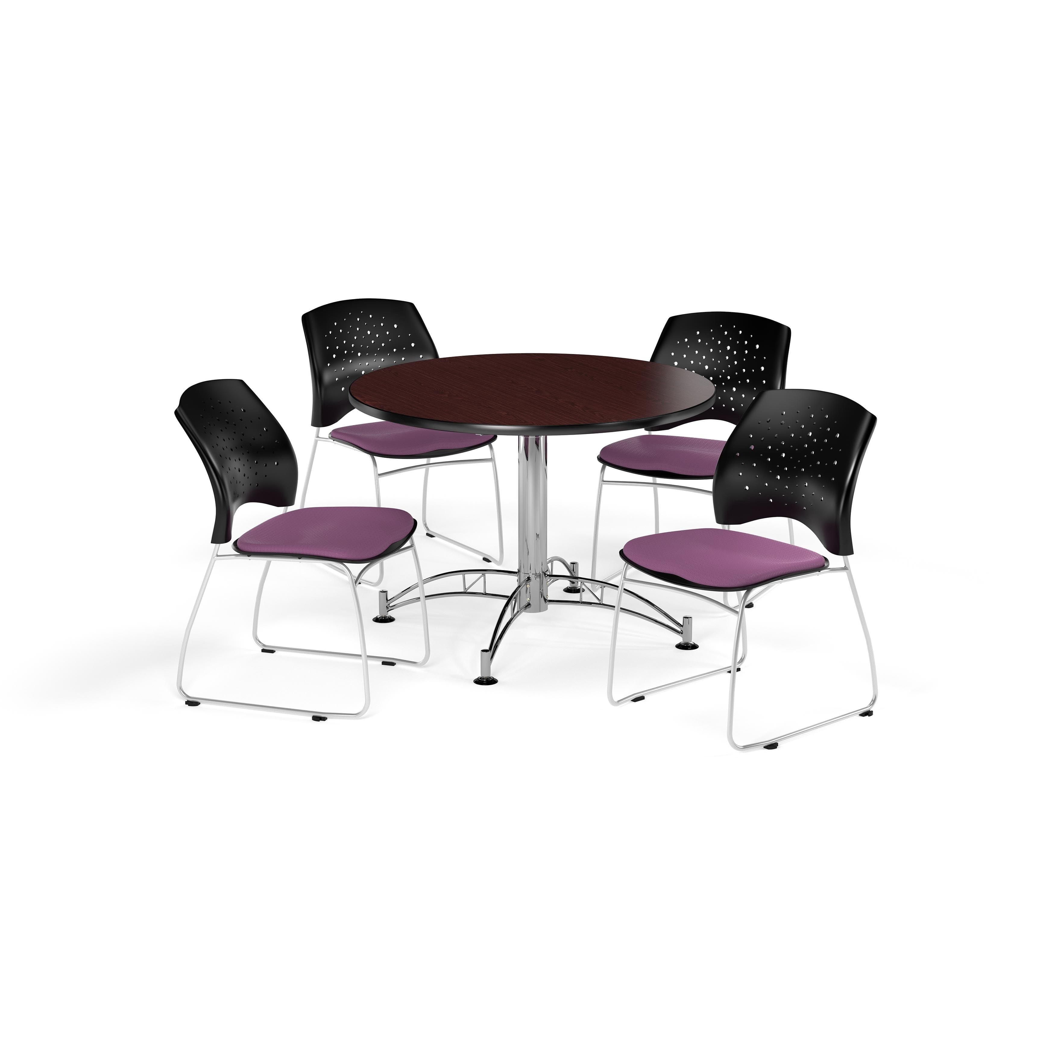 OFM Round Table 4 Fabric Stars Series Stack Chairs, Mahogany Finish with Chrome-Plated Steel Base and Lavender Seats, 42 inch