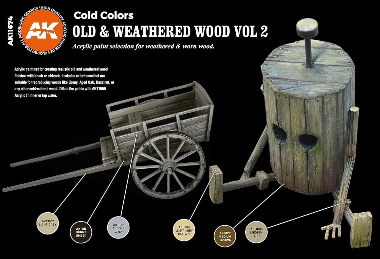 AK Interactive Old Weathered Wood Vol.2 Cold Colors Acrylic Paint Set 17ml Bottles