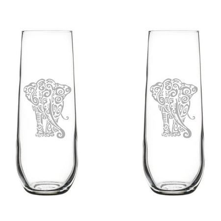 

Set of 2 Glass Champagne Flutes Sparkling Wine Glasses Tribal Elephant (8.5 oz Stemless)