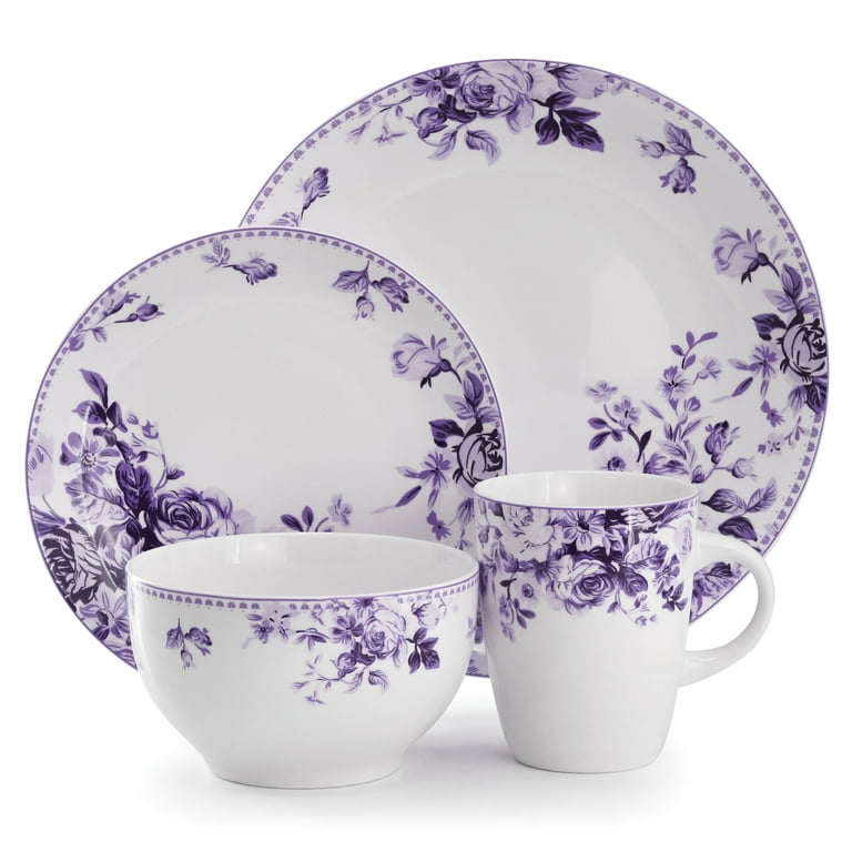 Elama Traditional Purple Rose 16 Piece Stoneware Dinnerware
