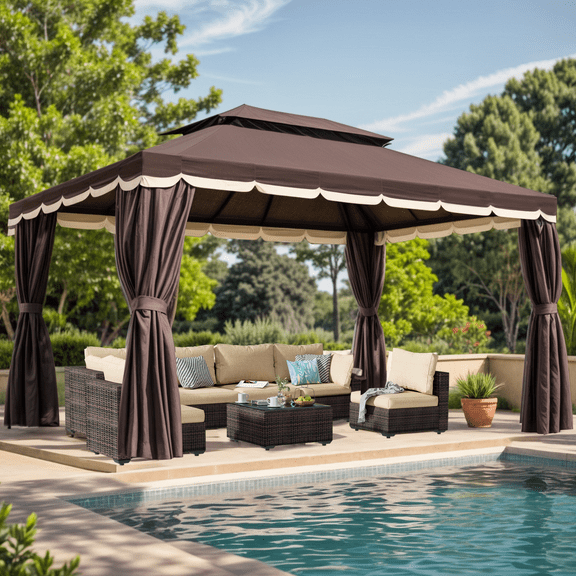 Gaptain 10×12 FT Deluxe No Screws Gazebo,Double Roof Outdoor Shelter Tent with Mosquito Nettings and Privacy Screens, Brown