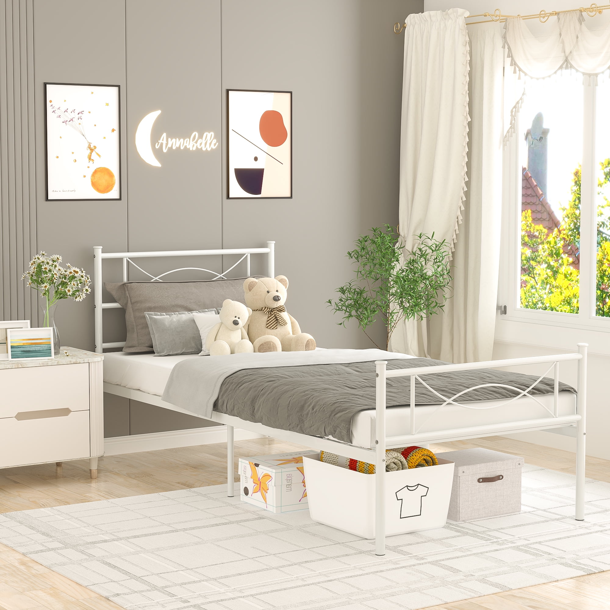 Yoneston Kids Twin Size Metal Platform Bed Frame with Bowknot Headboards Easy Assembly Mattress Not Included White