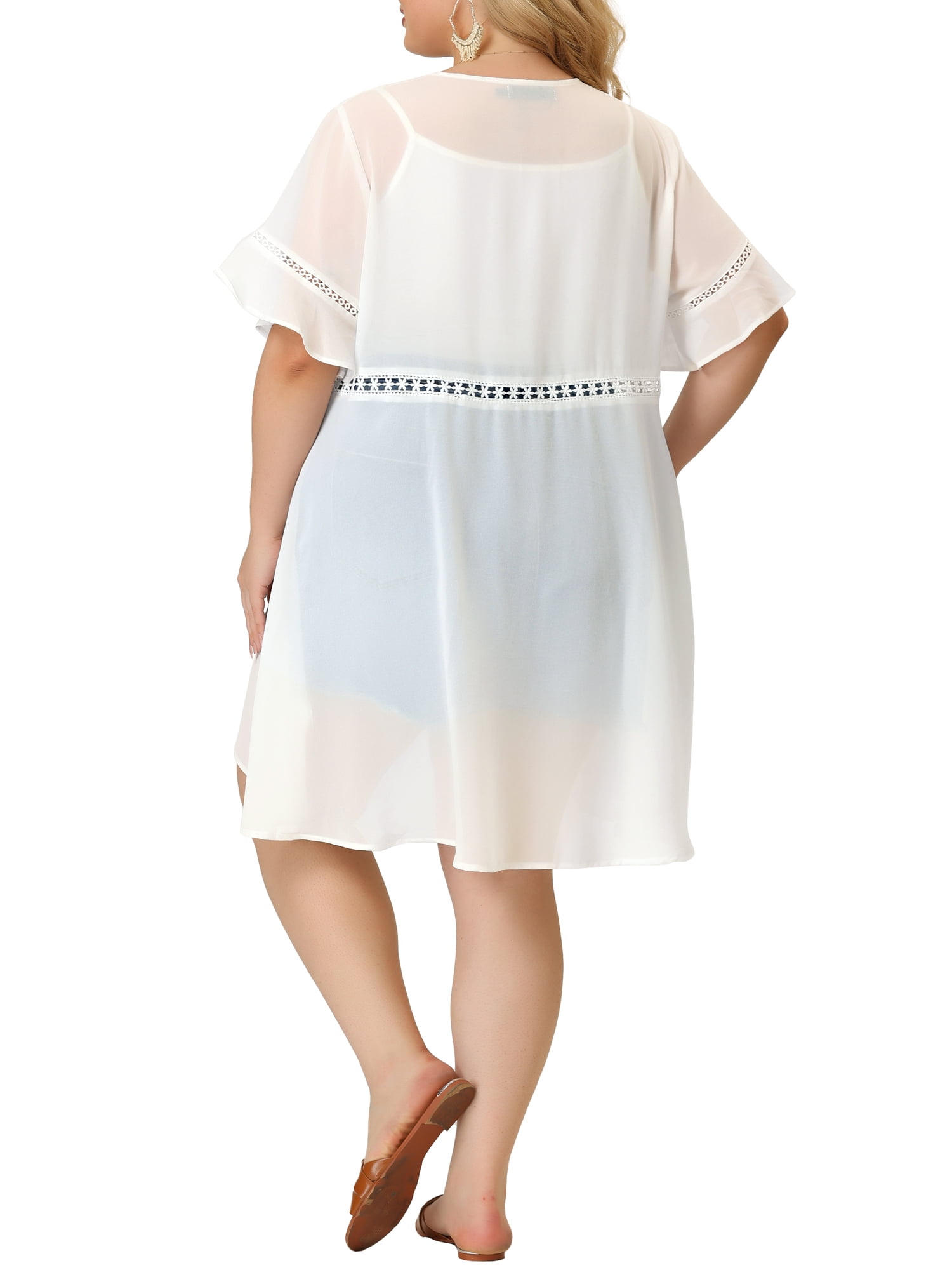 Unique Bargains Juniors' Plus Size Hollow Out Ruffle Short Sleeve Midi Cardigans 2X White