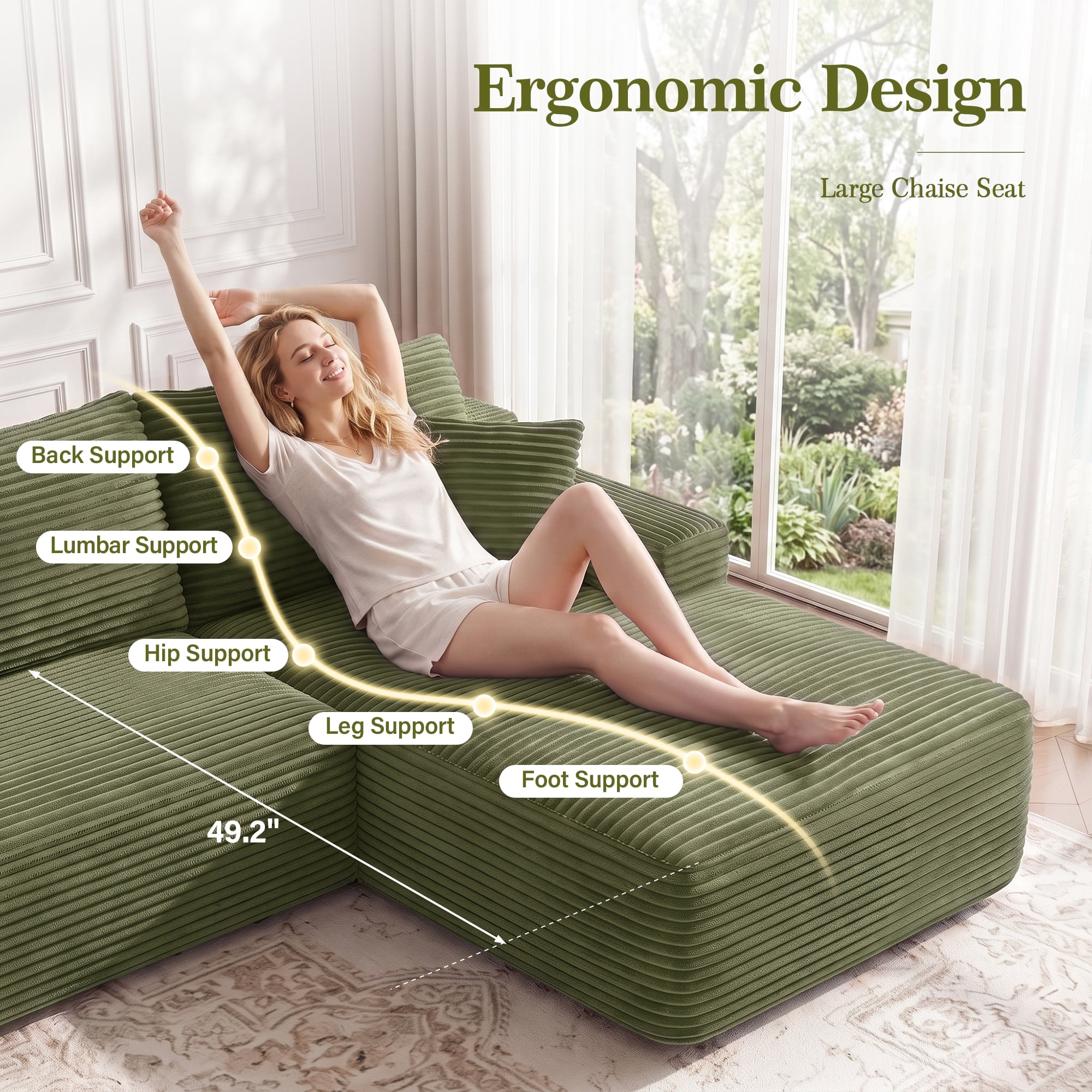 Aukfa 107" Boneless Modular Sectional Sofa, L-Shaped Corduroy Couch with Deep Seat and Right-Facing Chaise for Living Room, Green