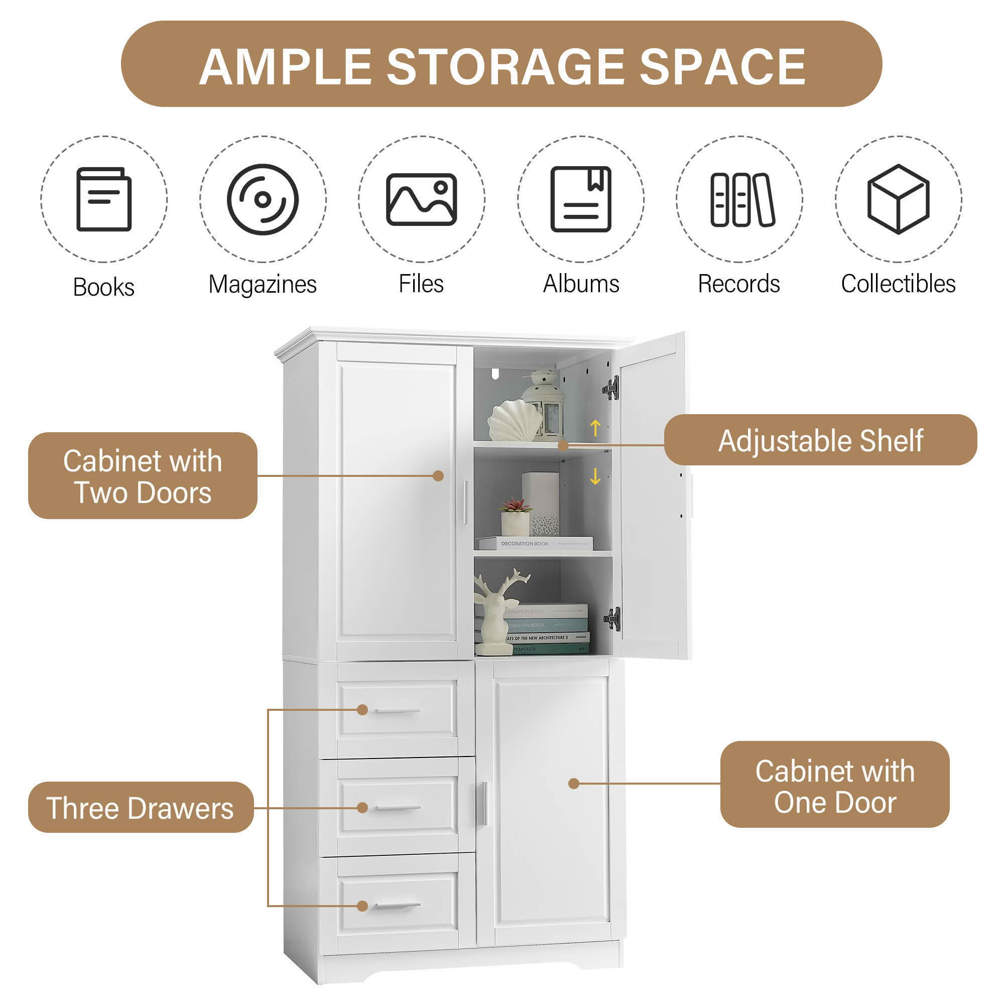MAYEERTY Tall Wide Storage Cabinet with Doors, 3 Drawers, Bathroom Office Use, White