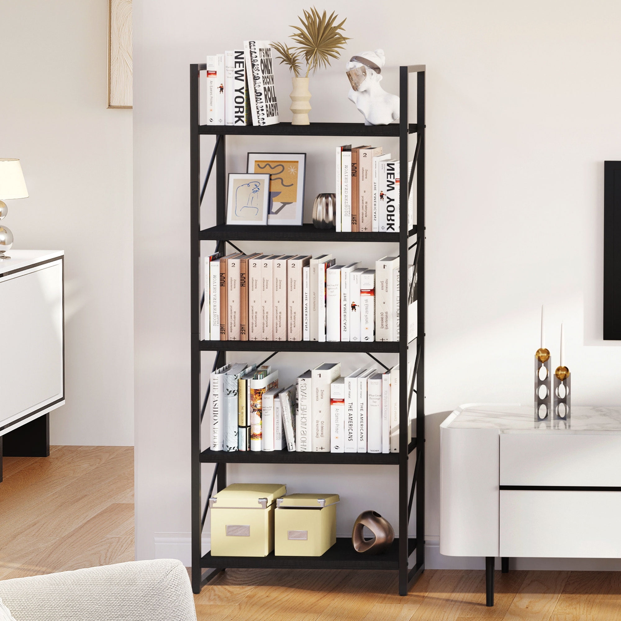 Dextrus 5-Tier Bookshelf, Ladder Bookcase, Industrial Freestanding Book Shelf Modern Open Display Storage Organizer Book Shelves for Bedroom, Living Room and Home Office, Black