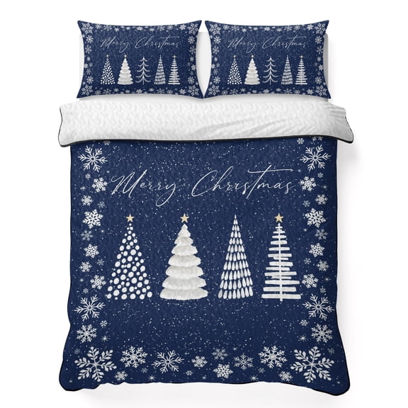 Quilts Queen Size Bedding Set, Merry Christmas Lightweight Quilted Comforter, Xmas Trees Snowflake Winter Rustic Navy Blue Reversible Bedspread Coverlet with Pillow Covers for All Season, 90" x 96"