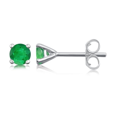 Arista Simulated Round Cut Emerald Women's Four Prong Stud Earrings in Sterling Silver