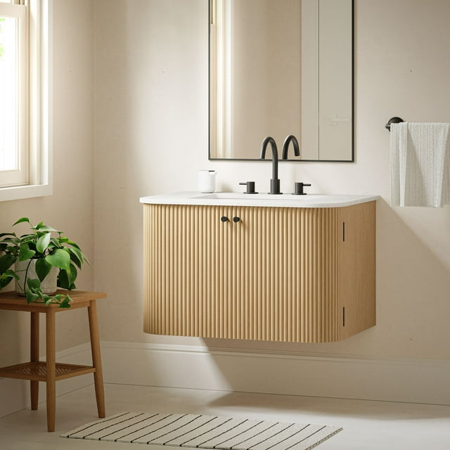 Modway Zia 30" Wall-Mount Bathroom Vanity with Marble Sink in Natural