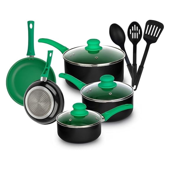 Pots and Pans Set, Aluminum Nonstick Cookware Set, Fry Pans, Casserole with Lid, Sauce Pan, and Utensils, 11 Piece Cooking Set (Green)