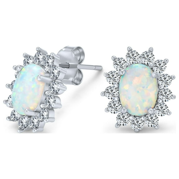 Bling Jewelry Womens Vintage Estate Style Oval Opal Crown Halo CZ Stud Earrings Silver 12MM