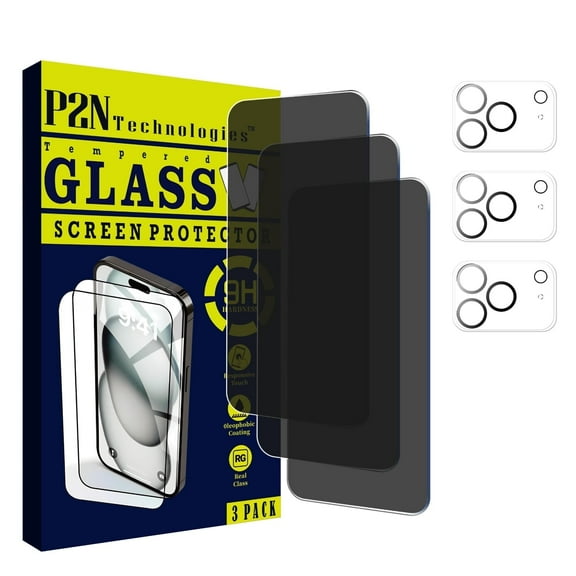 P2N Privacy Screen Protector and Camera Lens Protectors for iPhone 17 Pro (6.3 inch), 9H Tempered Glass, Case Friendly, Anti Fingerprint, Bubble Free, 3 3 Pack