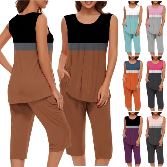 Zekutng Two Piece Sets for Women Casual Printed Sleeveless Pleated Round Neck with Cropped Pants,Sizes S-2XL