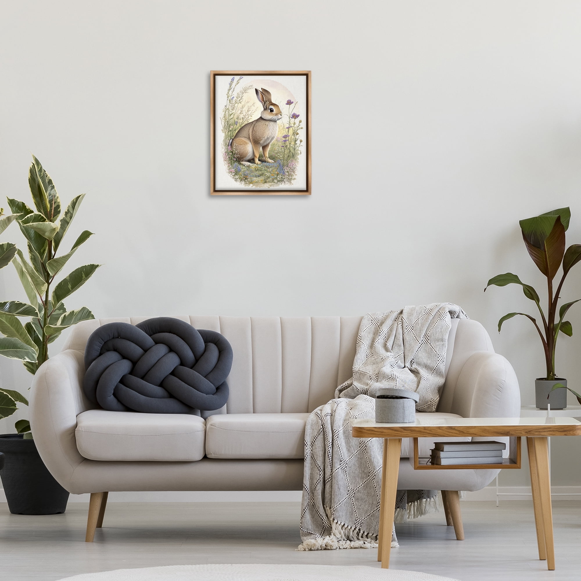 Stupell Industries Rabbit with Meadow Blooms Animals & Insects Painting Brown Floater Framed Canvas Art Print Wall Art, 17 x 21
