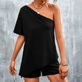 thumbnail image 6 of Womens Summer 2 Piece Outfits Solid Color One Shoulder Short Sleeve Tops with Shorts Sets Loungewear Homewear, 6 of 7