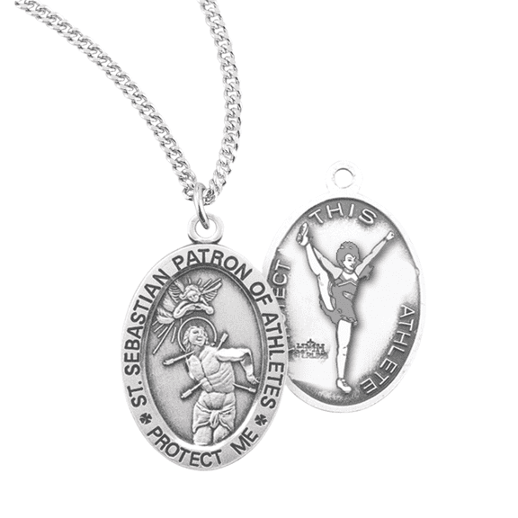 Patron Saint St Sebastian Oval Sterling Silver Women's Cheerleading Medal, 18" Rhodium Plated Stainless Steel Chain Necklace, Made in USA, Deluxe Velvet Gift Box