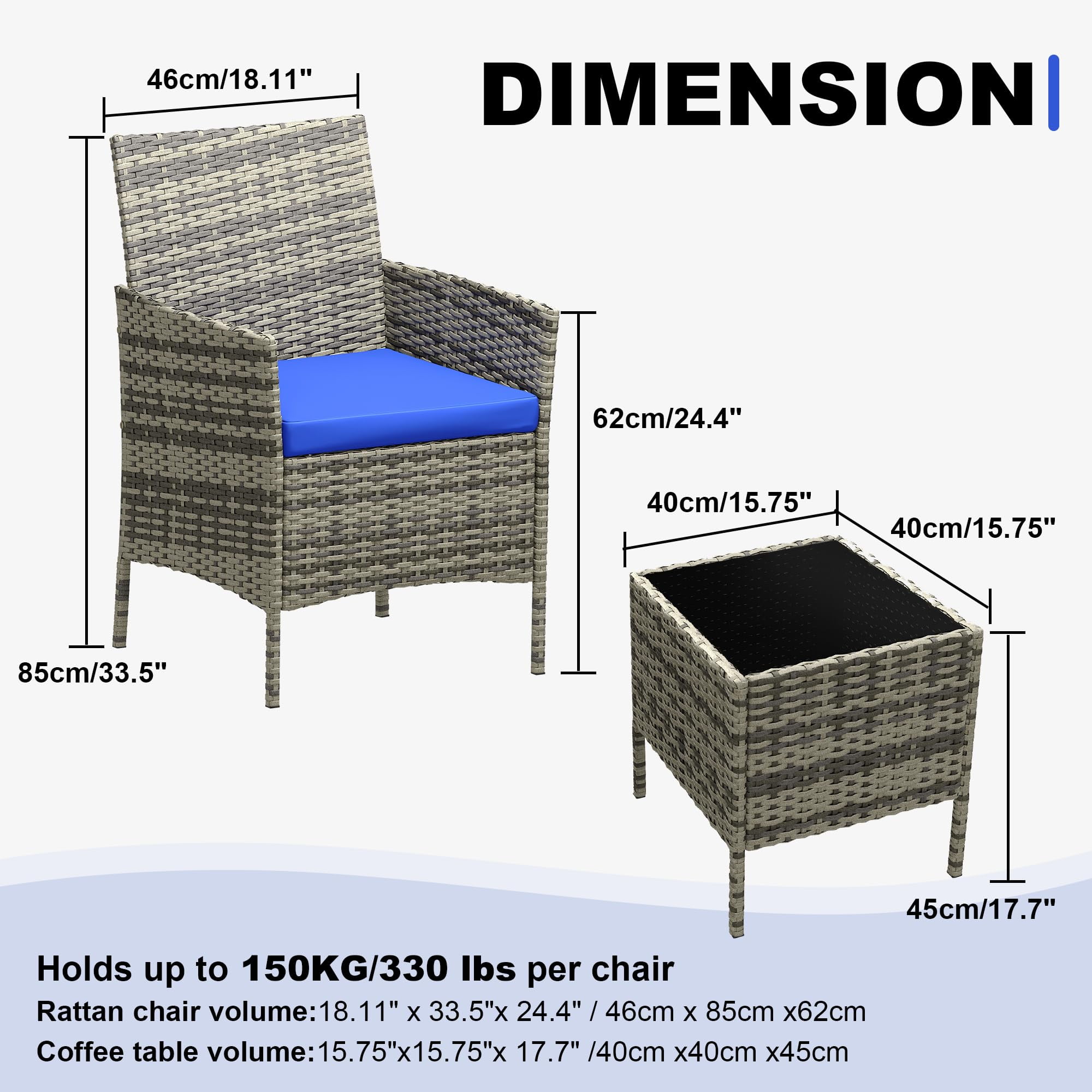 3 Pieces Patio Furniture Sets Outdoor PE Rattan Wicker Chairs with Soft Cushion and Glass Coffee Table for Garden Backyard Porch Poolside
