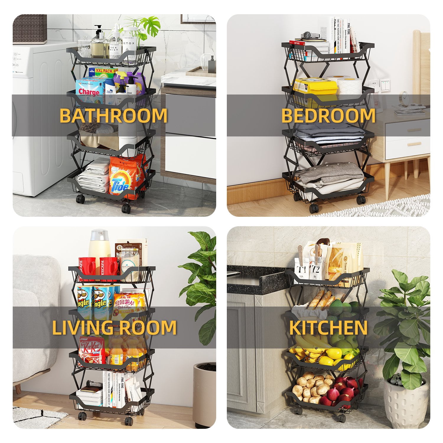 Alexent 3-Tier Foldable Basket Storage Rolling Cart | Metal Wire Basket with Wheels, Stackable, Versatile Organizer for Kitchen, Pantry, Bathroom, Laundry, Garage, Black