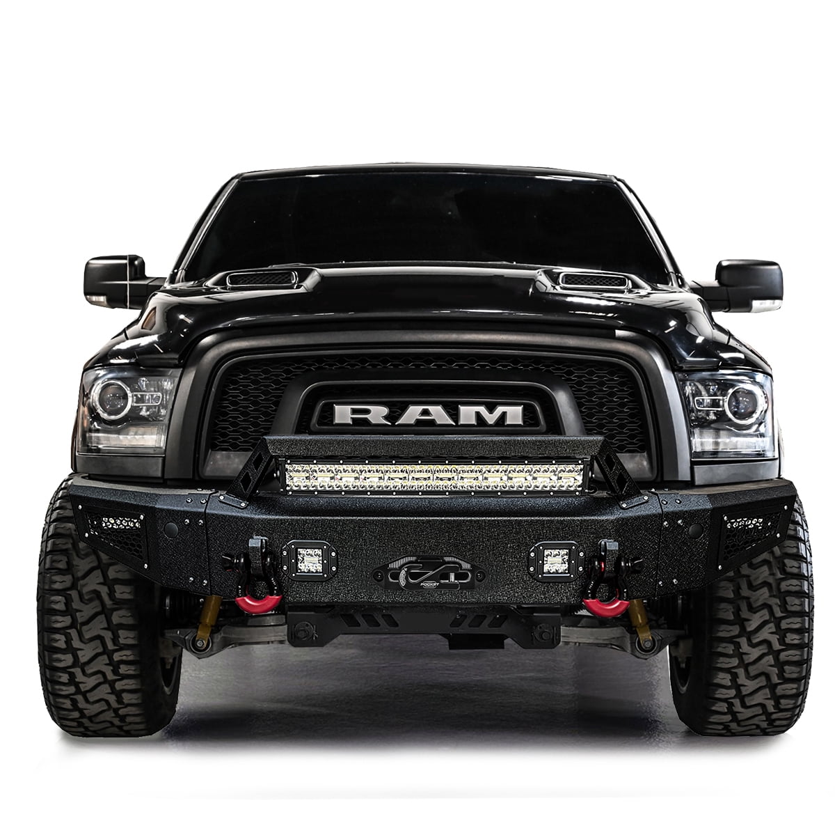 Vijay Compatible with 2015-2016-2017-2018 RAM 1500 Rebel Front Bumper Textured Black Steel with Light and D-ring