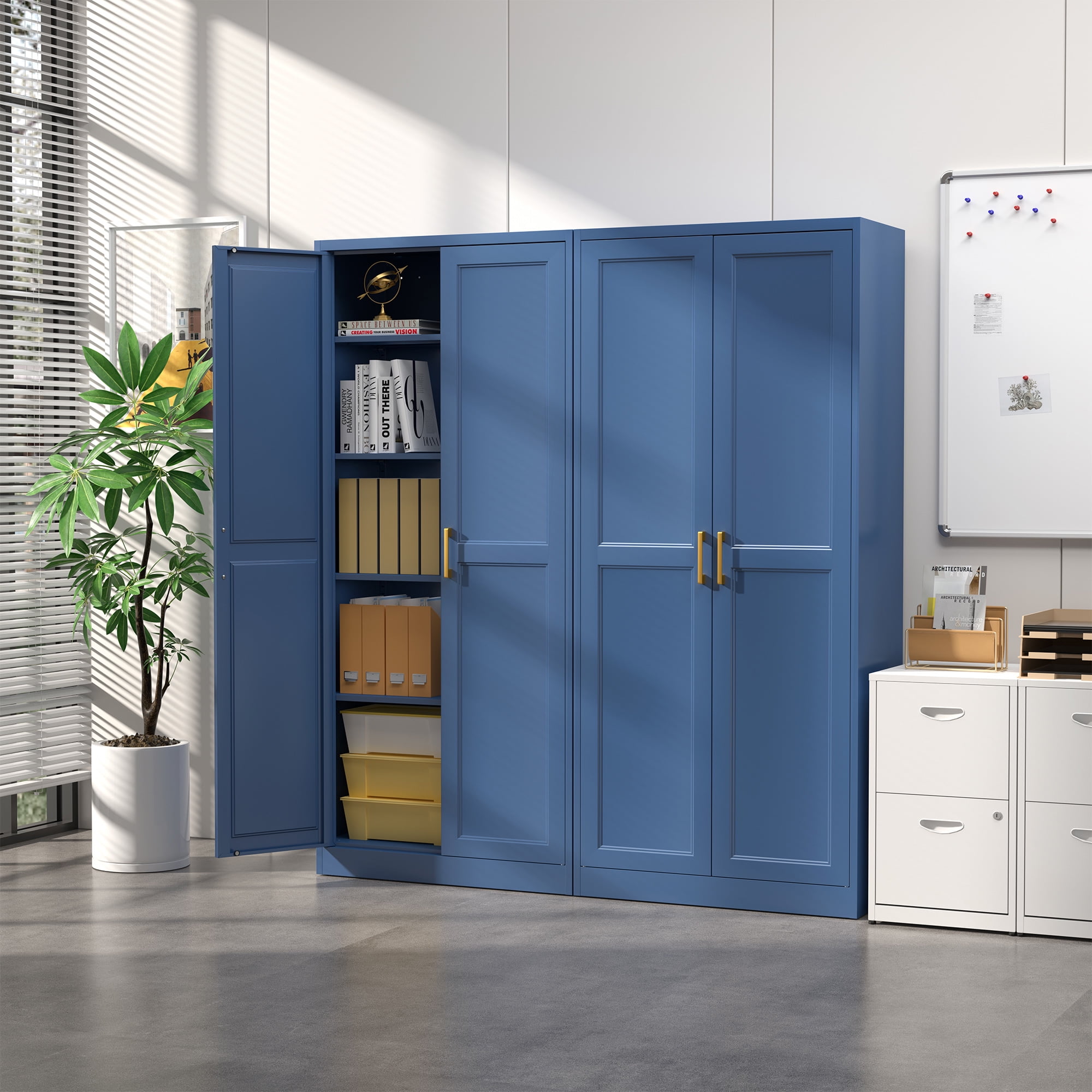 Polup 71" Height Metal Blue Storage Cabinet, Modern Steel Pantry Cupboard with 2 Doors and Adjustable Shelves for Kitchen Garage and Home