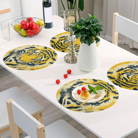 

Round Grid Placemat One Sizex4 Round Placemat PVC Plate Mat，15.4 Inch Non-Slip and Heat Resistant Table Placemat Dining Room Placemat Beautiful Yellow Tiger Face
