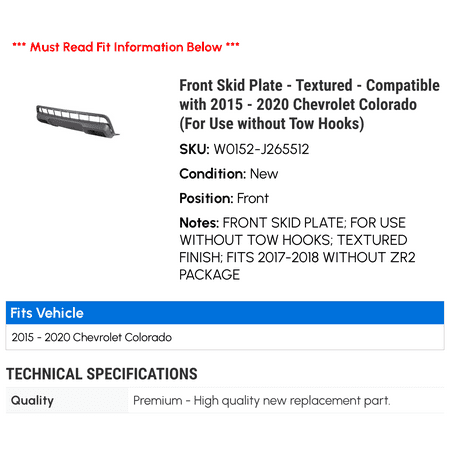 Front Skid Plate - Textured - Compatible with 2015 - 2020 Chevy Colorado (For Use without Tow Hooks) 2016 2017 2018 2019