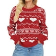 thumbnail image 2 of Oversized Sweaters For Women Fashion Bow Heart Print Casual Cute Long Sleeve Crew Neck Sweatshirt Winter Soft Warm Knit Holiday Jumper Tops Red S, 2 of 5