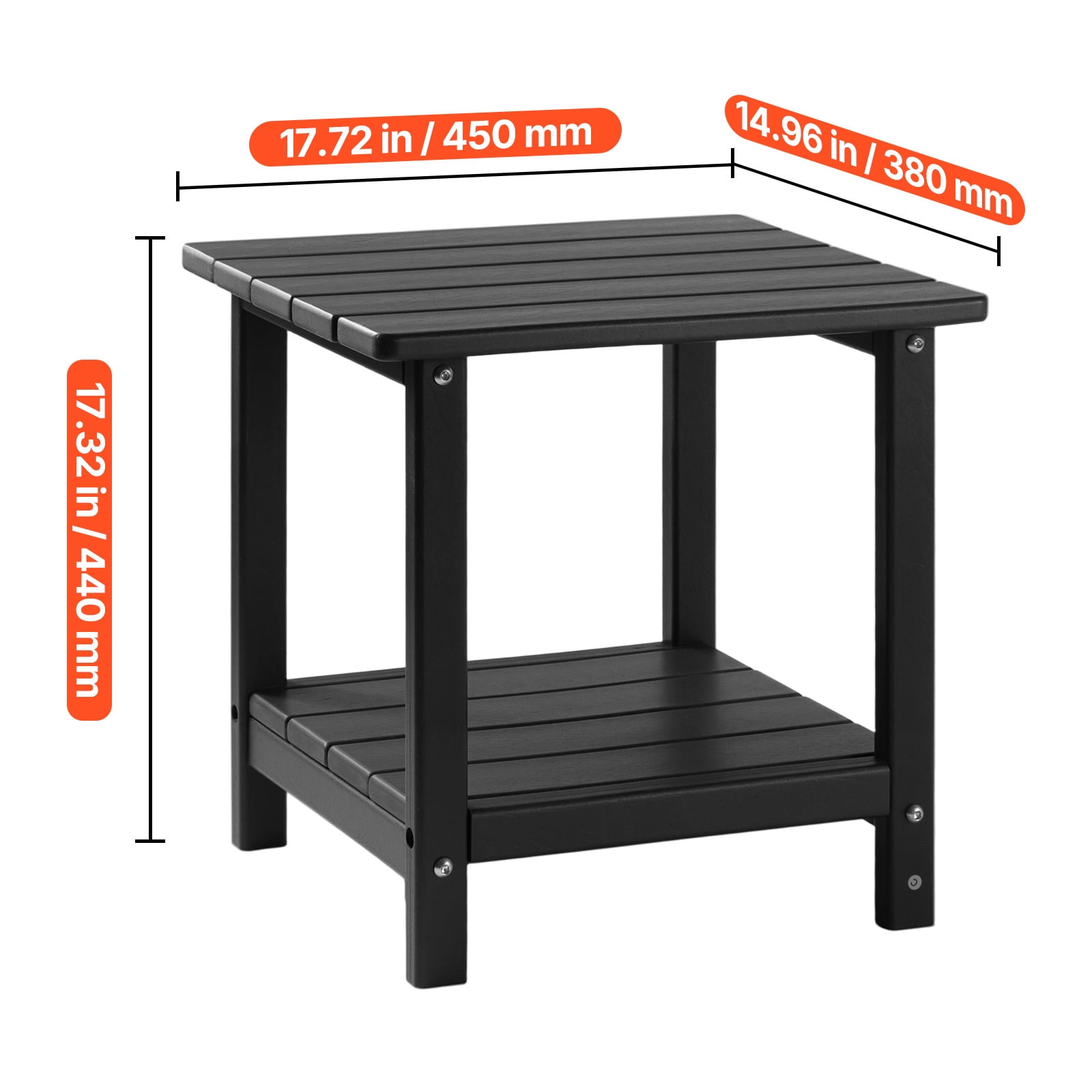 KFFKFF Outdoor Side Table, 17.72W x 14.96D x 17.32H Inch, Double-Layer HDPE End Table for Easy Care, Durable in Various Weather Conditions, Suitable for Patio,Poolside, Porch, Indoor, Backyard, Black
