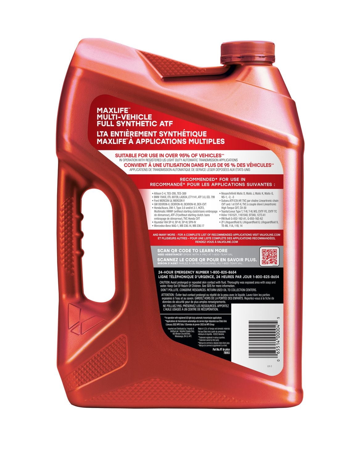 Liquide pour transmission automatique Valvoline MaxLife entièrement synthétique à applications multiples – 5L