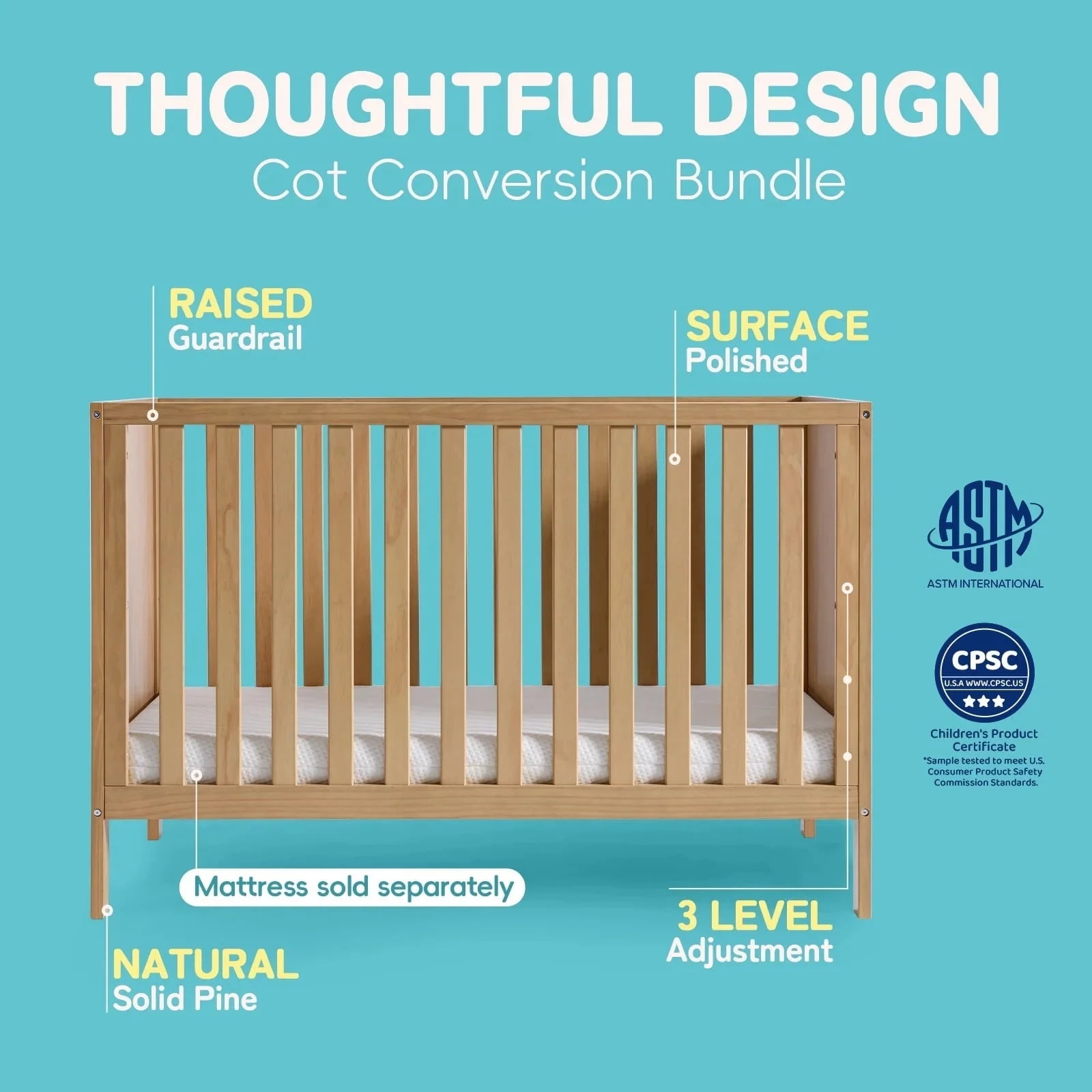 HARPPA 5-in-1 Convertible Baby Crib for Infant to Toddler, Natural Wood,Greenguard Gold Certified