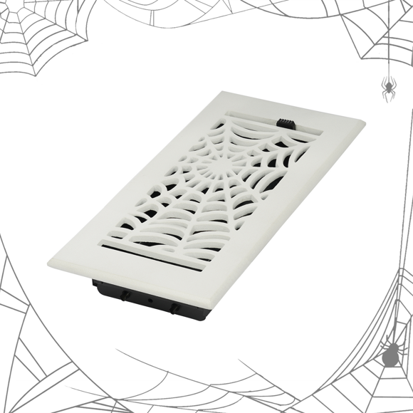 4"x8" Spooky Gothic Vent Cover in Spider Web Design Cast Aluminum Register with Detachable Steel Metal Louver | Powder Coated White No holes