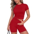 thumbnail image 4 of Cagogo Women's 2 Piece Shorts Set Casual Summer Workout Yoga Outfits Loose Short Sleeve Crew Neck Tops Comfy Bike Shorts Matching Lounge Sets Tracksuits Clothes, Red L, 4 of 5
