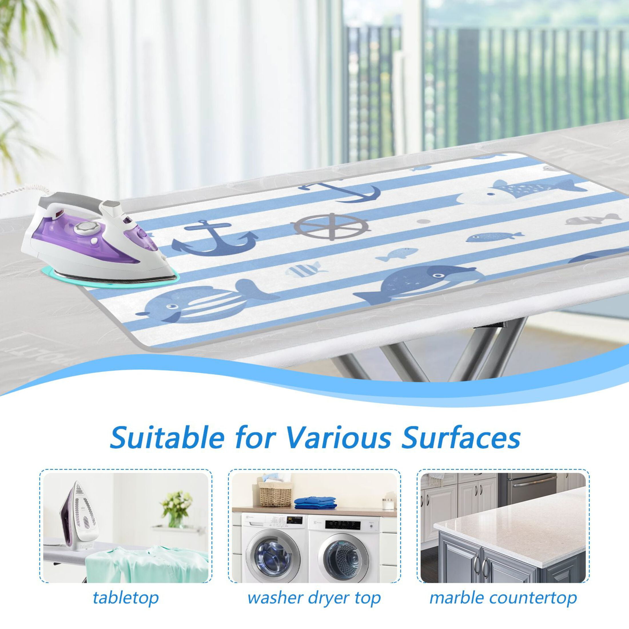 Blue Stripes Fishes Kellges Cute Ironing Mat Blanket Portable Travel Ironing Pad Heat Resistant Pad 47.2" x 27.6”